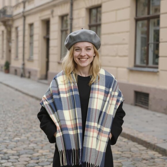 Women's Navy Beige Red Scarf Fashion Long Plaid Shawls Wraps Big Grid Winter - Picture 5 of 7